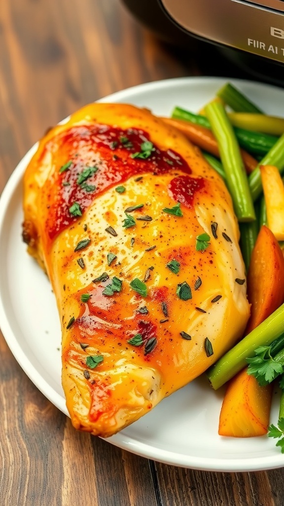 Air Fryer Chicken Breast Recipe Juicy air fryer chicken breast garnished with herbs on a white plate with steamed vegetables.
